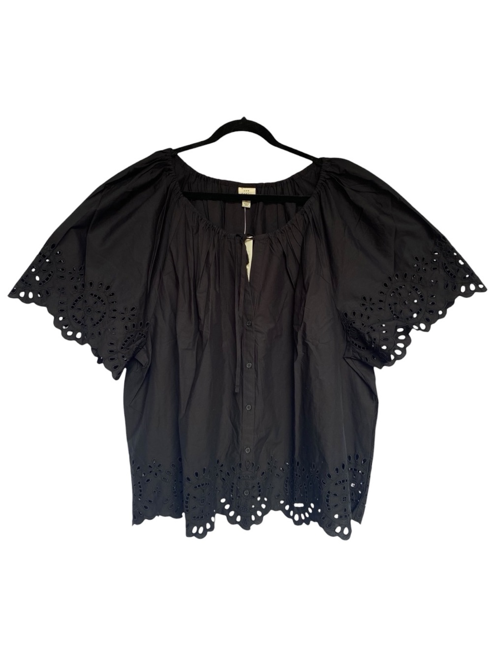 A NEW DAY Eyelet Blouse Top Tie Puff Sleeve Boho Black Womens Plus Size 3X NWT